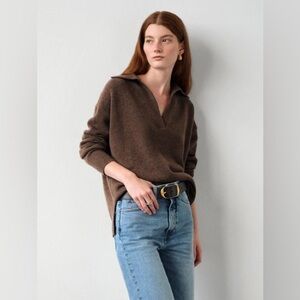 White + Warren Cashmere Ribbed Polo Sweater In Mocha Heather (SOLD OUT)